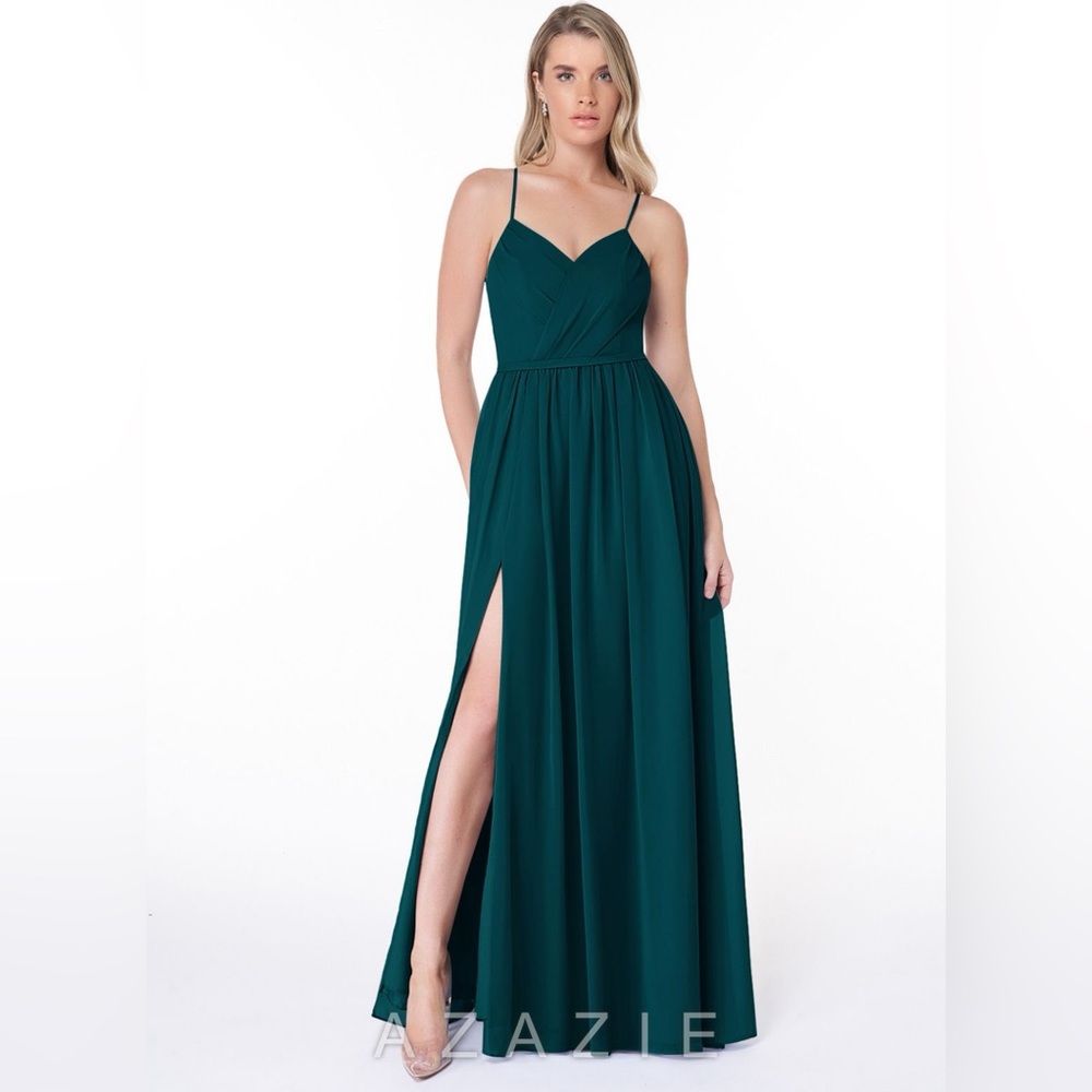 Azazie Cora - A-line Pleated Chiffon Floor-length Dress - Size 12 - Pine